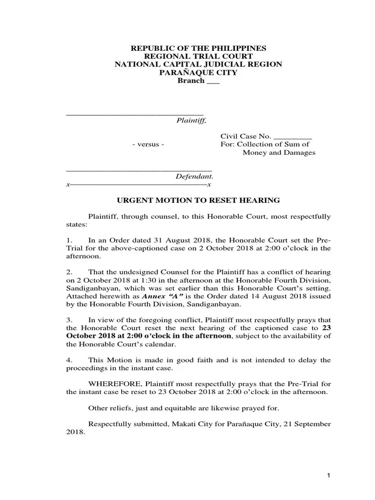 Motion To Reset Hearing PDF