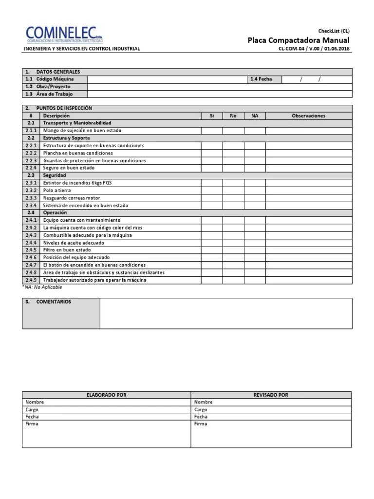 Check List Placa Compactadora Manual