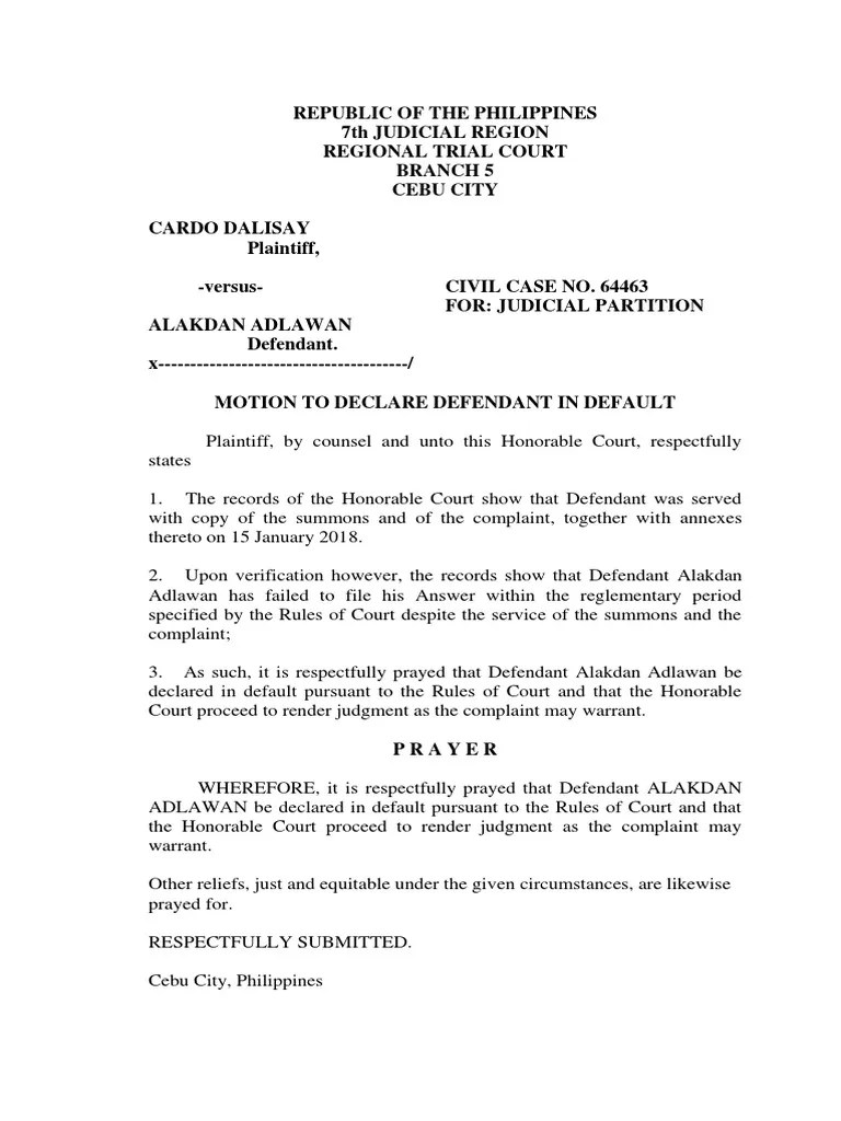 Motion To Declare Defendant in Default Judicial Partition PDF