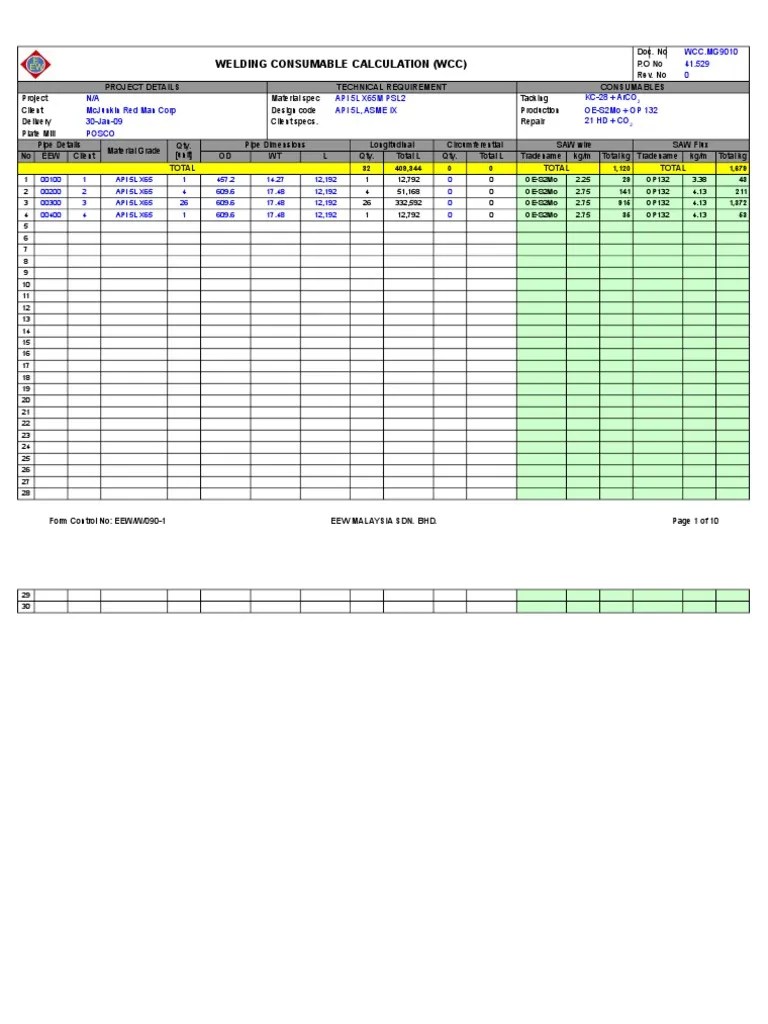 Welding Consumable Calculation (WCC) Doc. No P.O No Rev. No Project