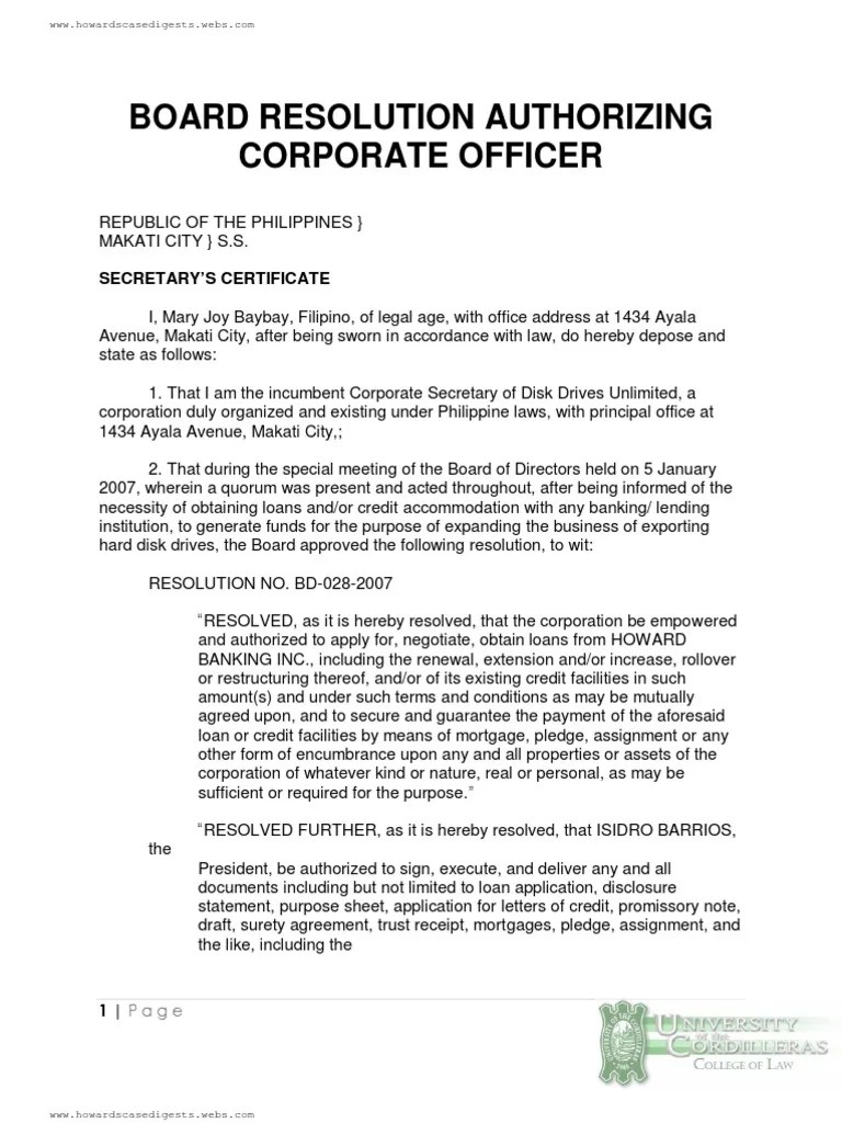 Board Resolution Authorizing Corporate Officer Loans Credit Essai