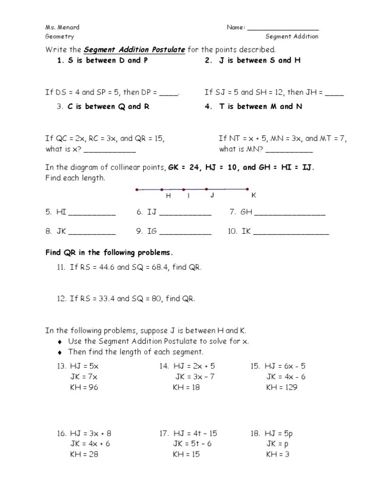 HW 5 Segment Addition Worksheet