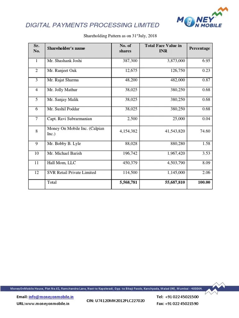2. DPPL Shareholding Pattern as on 31.07.2018 Business