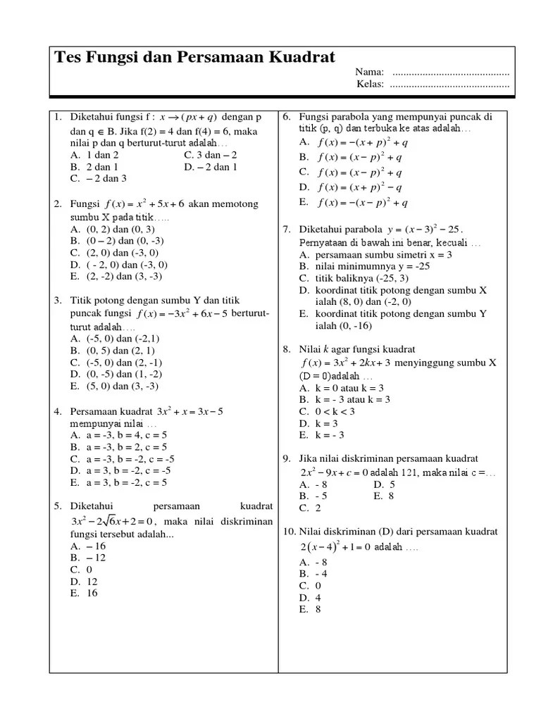 Latihan Soal Fungsi Kuadrat Kelas 10
