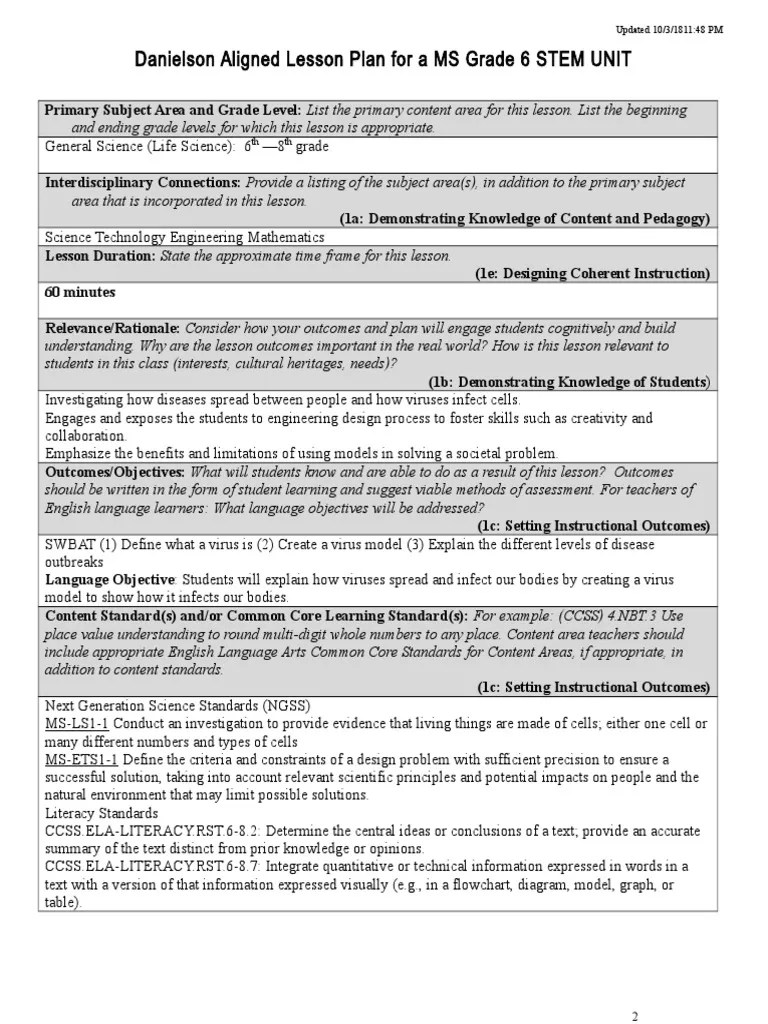Danielson Aligned Lesson Plan 1 For MS R PDF Pedagogy Learning