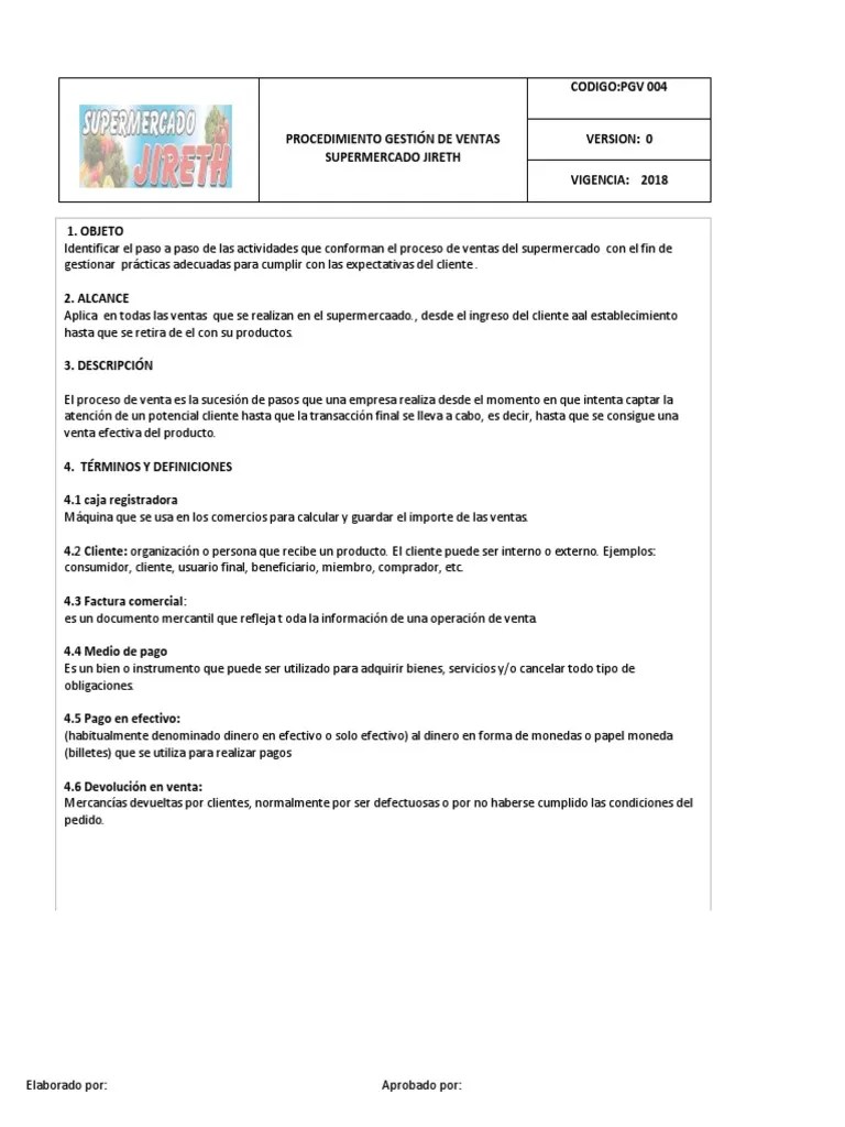 Procedimiento Gestión de Ventas PDF Cliente Tarjeta de débito
