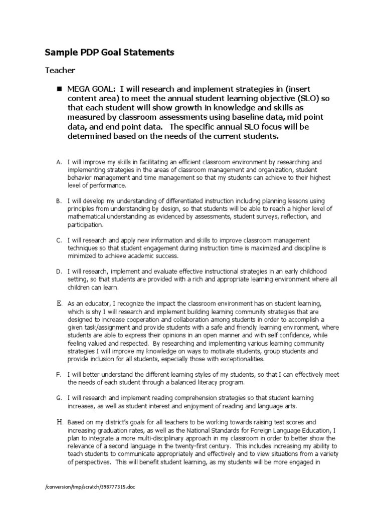 Sample PDP Goal Statements Classroom Management Teachers