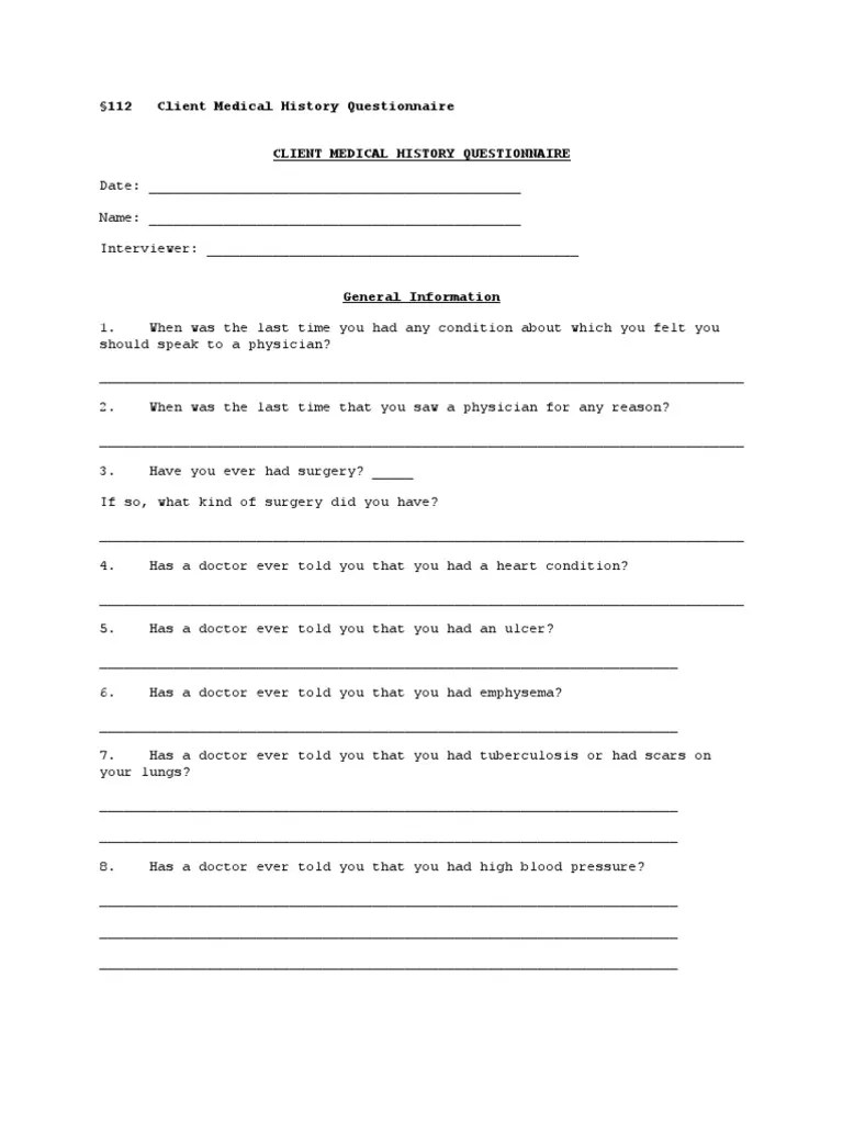 §112 Client Medical History Questionnaire Cough Menstruation Free
