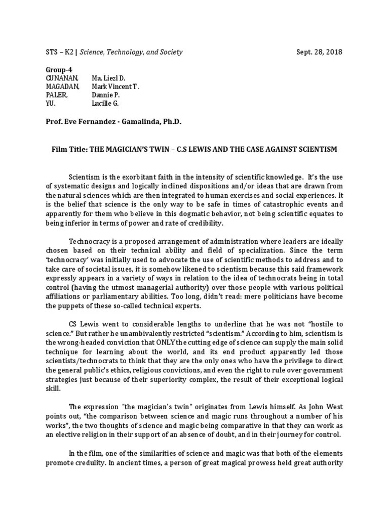 STS Reflection Paper on the Film &quot;The Magician's Twin&quot; by CS Lewis