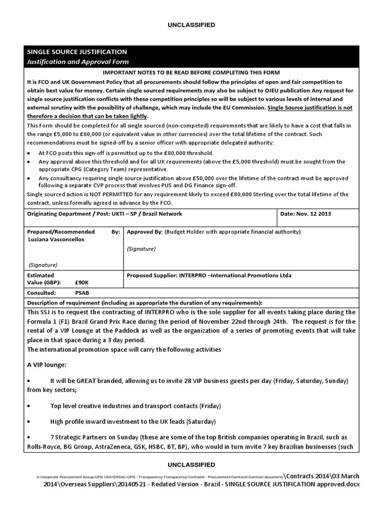 Single Source Justification Sample | United Kingdom | Procurement