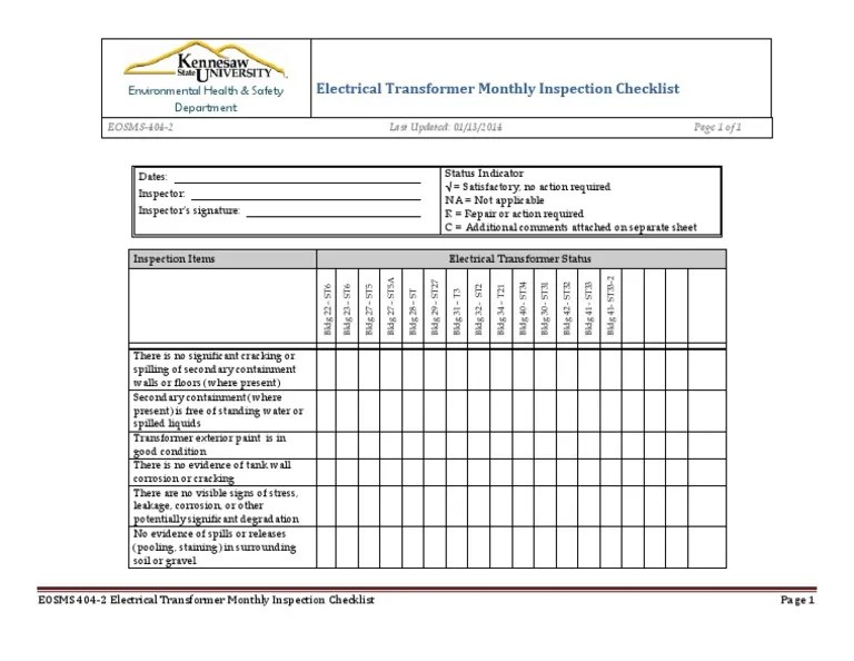 Electrical Transformer Inspection Checklist Form Building Engineering