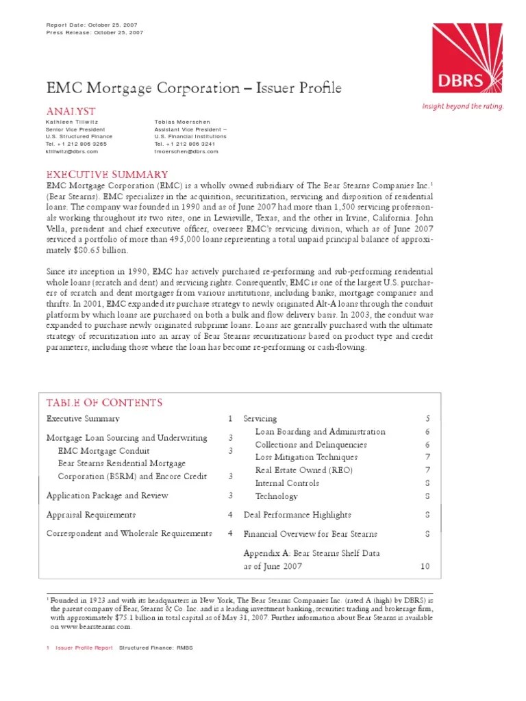 Emc Mortgage Corporation Issuer Profile Mortgage Loan Foreclosure