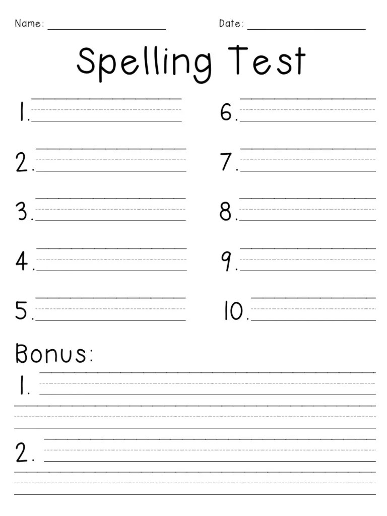 10 Word Spelling Test Template