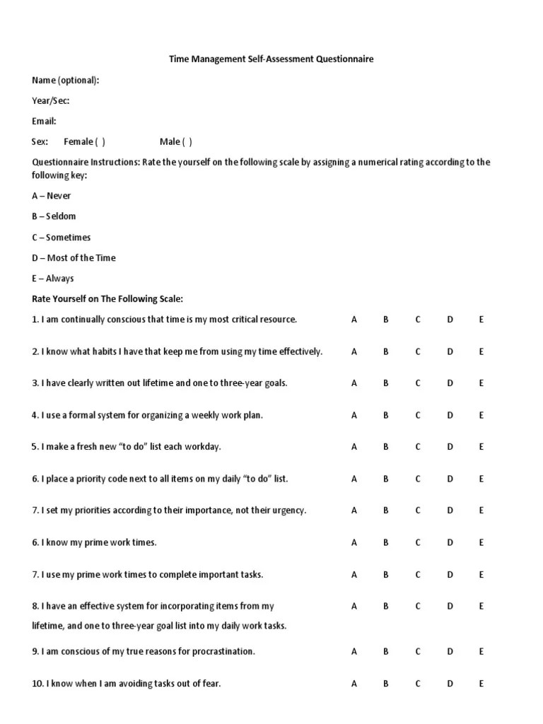 Time Management Questionnaire Time Management Cognition Free 30