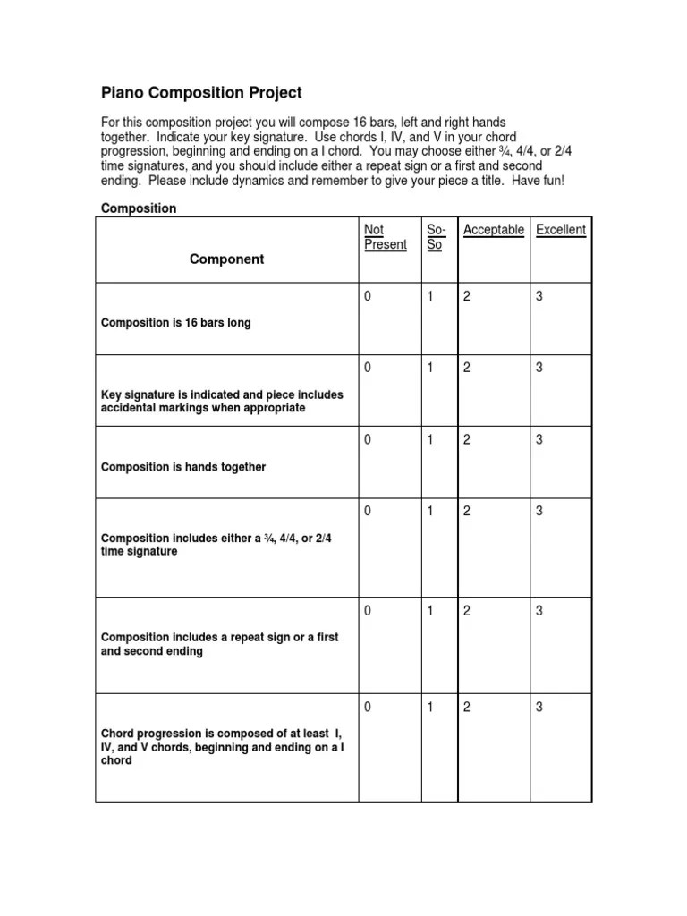 Piano Composition Rubric PDF