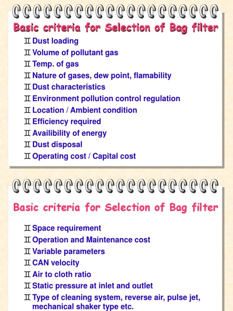 Basic criteria for Selection of Bag filter Chemistry Materials
