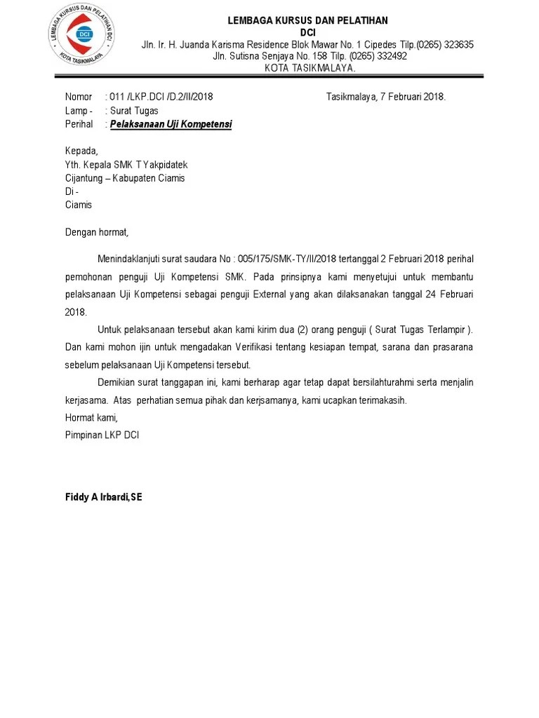 Surat Balasan Uji Kompetensi SMK Yakpidatek | PDF
