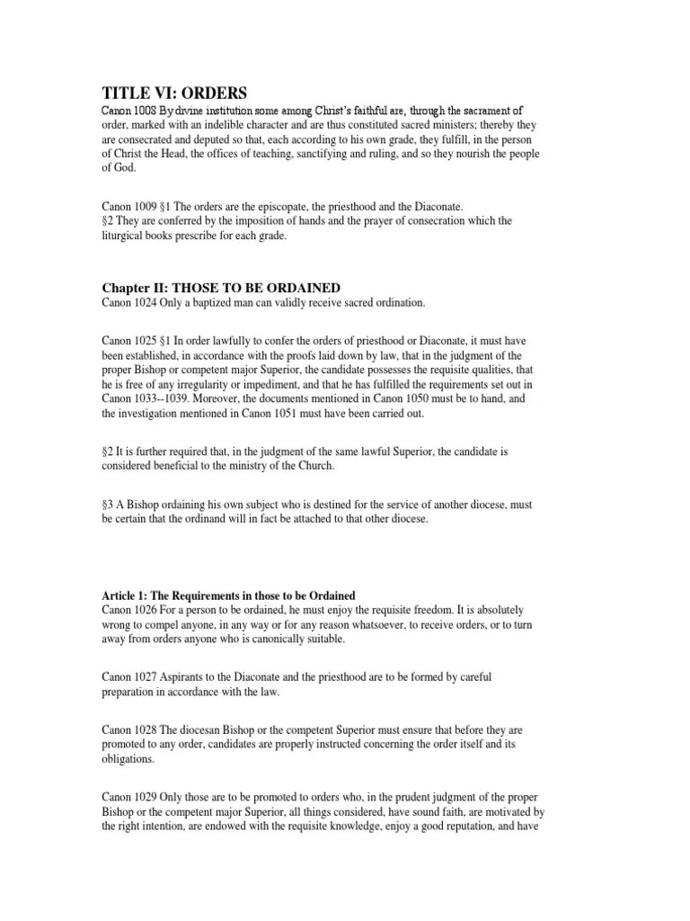 Canon Law On Orders, Eucharist and Anointing PDF Eucharist Deacon