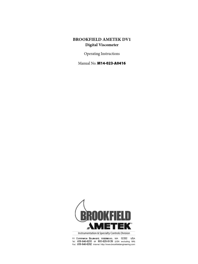 Brookfield Ametek DV1 Digital Operator's Manual PDF Temperature Physical Quantities