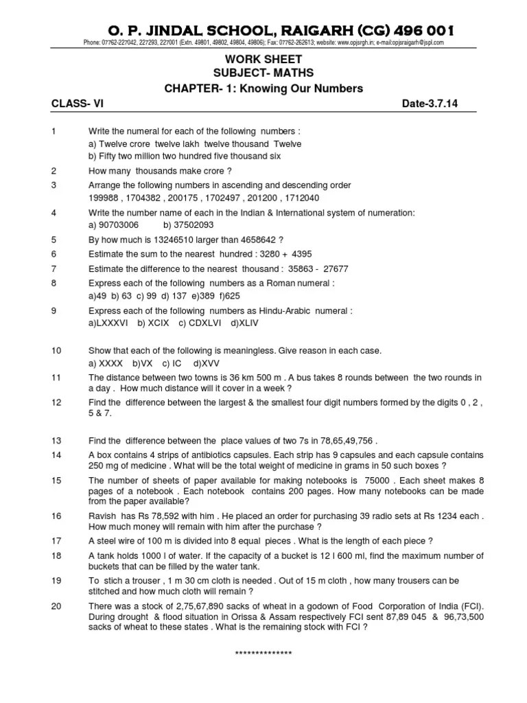 CBSE Class 6 Knowing Our Numbers Worksheet | PDF | Teaching Mathematics