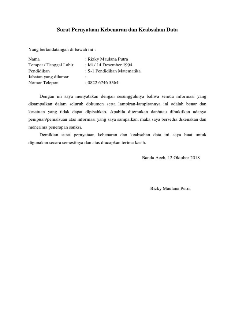 Surat Pernyataan Kebenaran Dan Keabsahan Data | PDF
