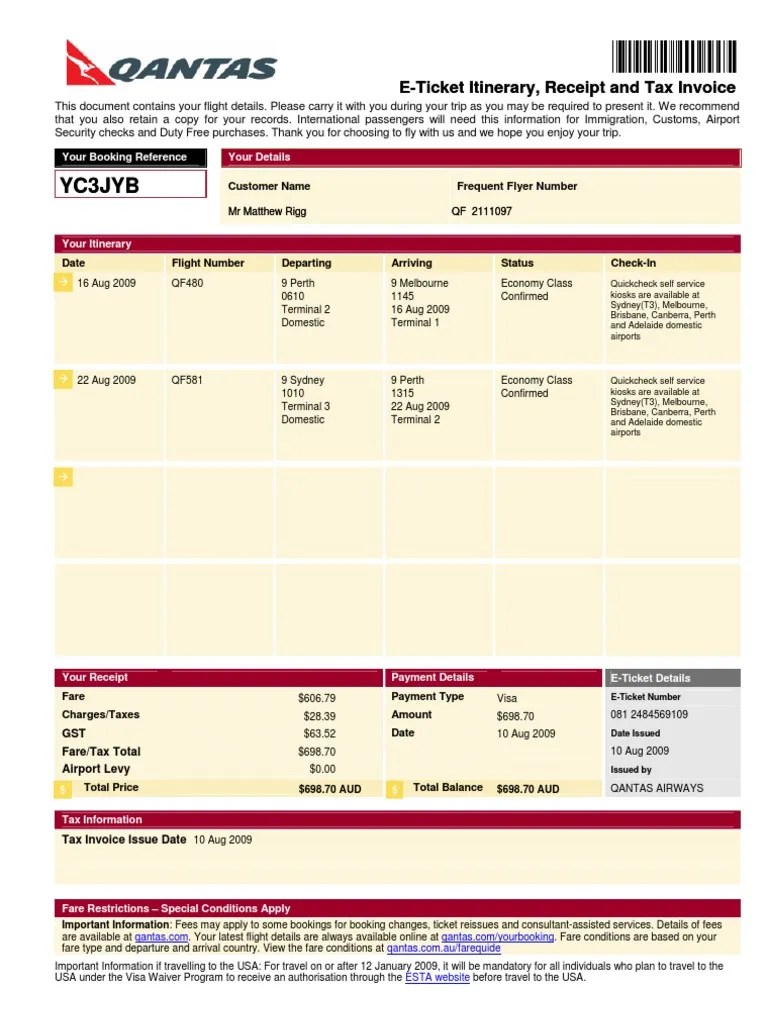 Qantas Itinerary Identity Document Baggage