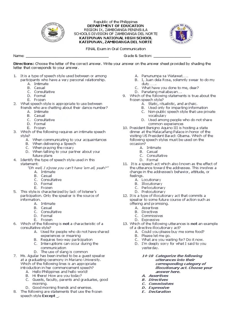FINAL EXAM Exam in Oral Communication PDF Conversation Nonverbal