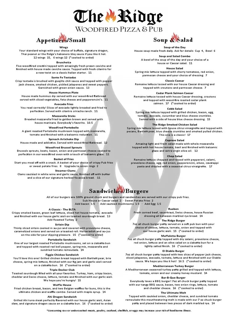 The Ridge Menu August 2018 PDF Salad Pizza