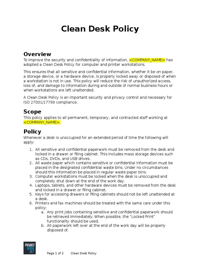 Clean Desk Policy PDF Desk Computer Hardware