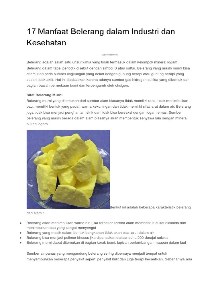 17 Manfaat Belerang Dalam Industri Dan Kesehatan | PDF