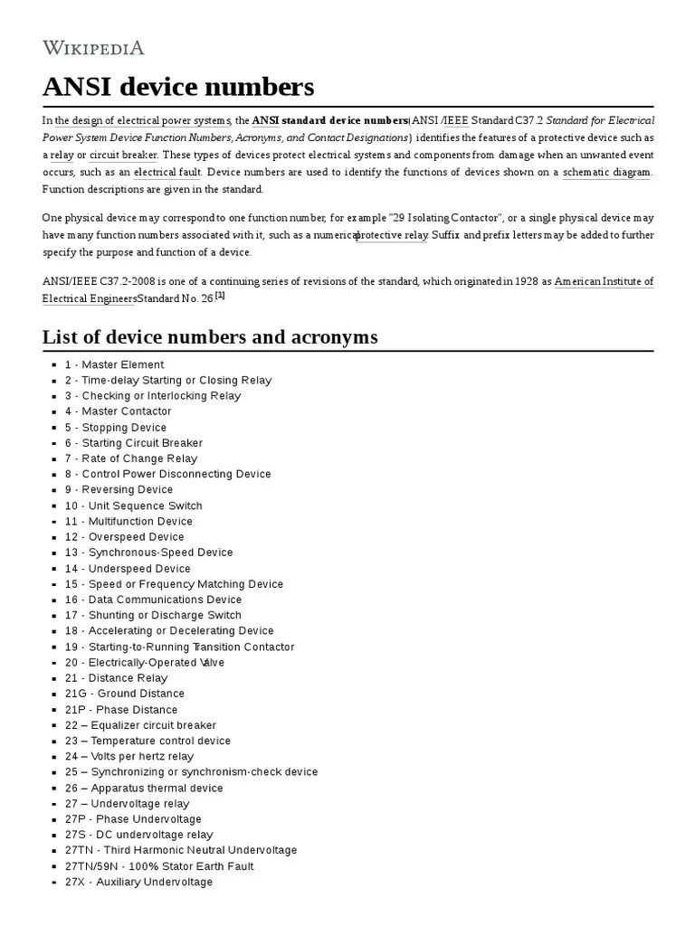 ANSI Device Numbers Relay Power Engineering