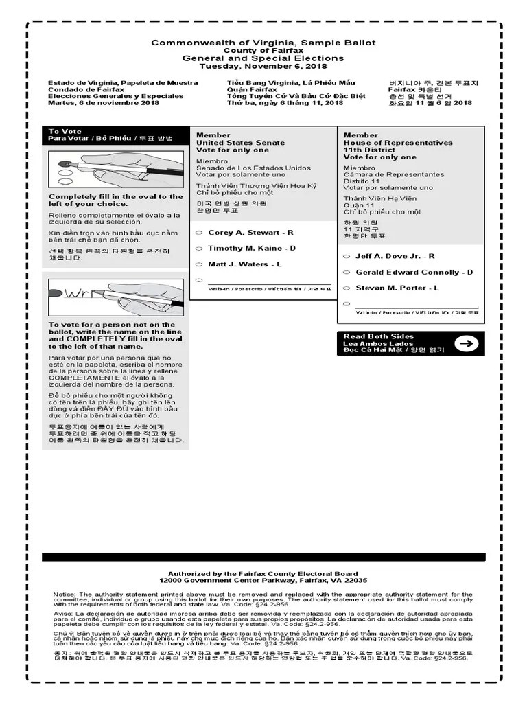 Commonwealth of Virginia, Sample Ballot General and Special Elections