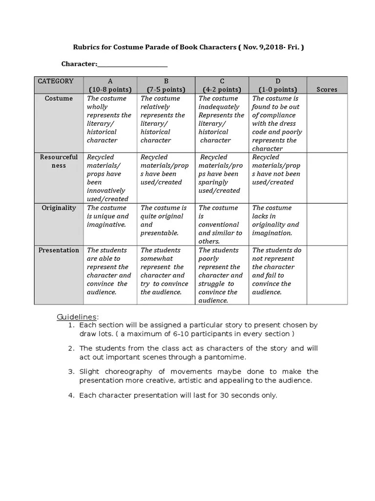 Grading Rubrics For Costume Parade PDF Costume Entertainment