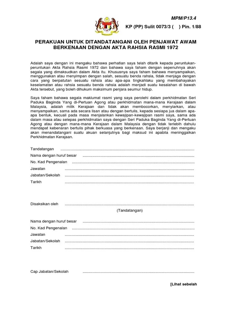 Rahsia mengikut subseksyen (1) seksyen. Akta Rahsia Rasmi 1972 Akta 88 Lertyi