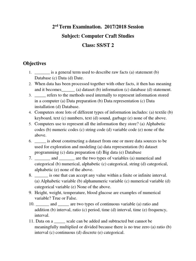 2 Term Examination. 2017/2018 Session Subject Computer Craft Studies