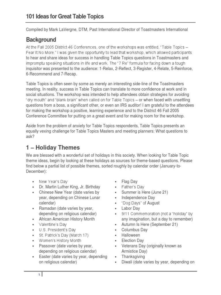 101 Ideas for Great Table Topics Question News