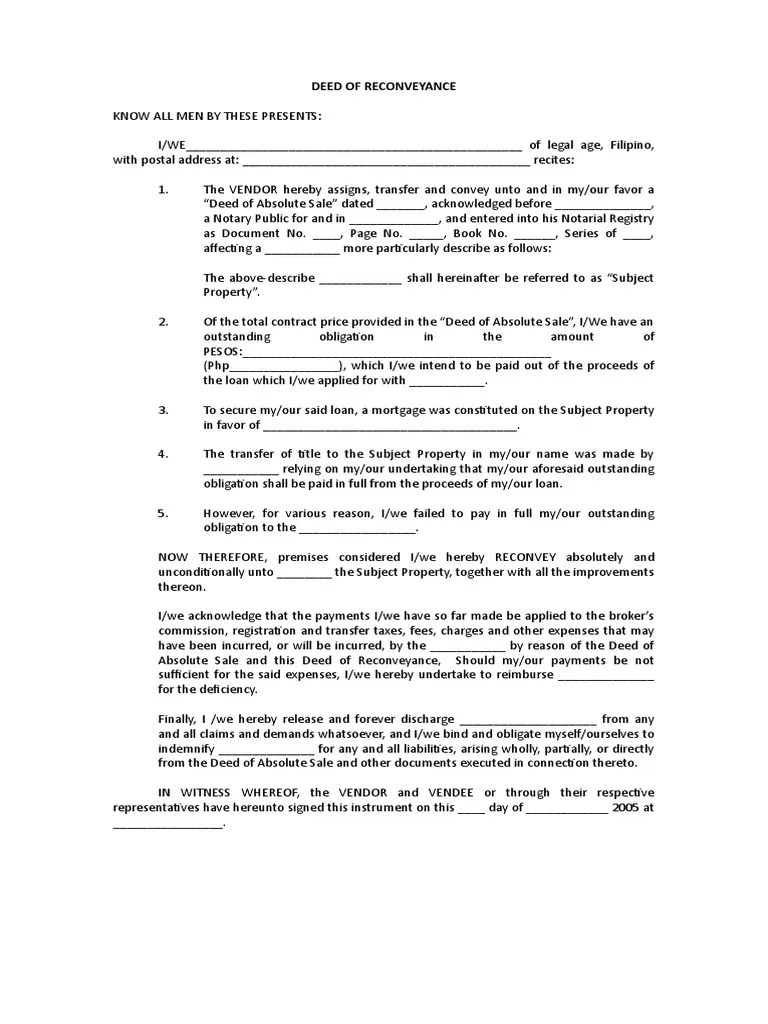 Deed of Reconveyance Deed Mortgage Law