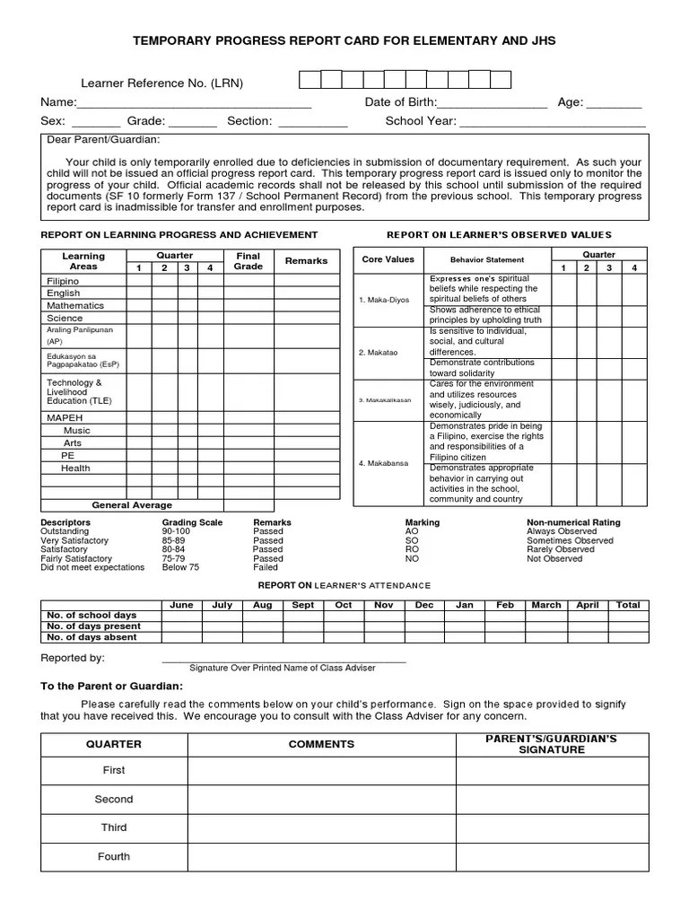 Temporary Progress Report Card for Elementary and Jhs 2 Learning
