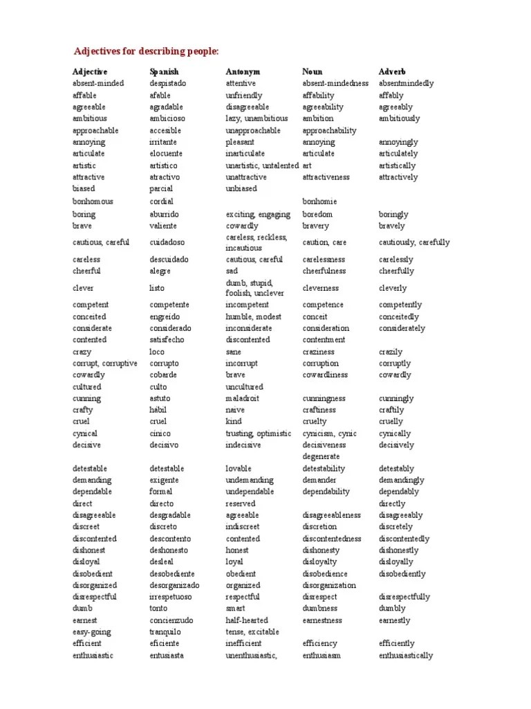 Adjectives for Describing People Personality Traits