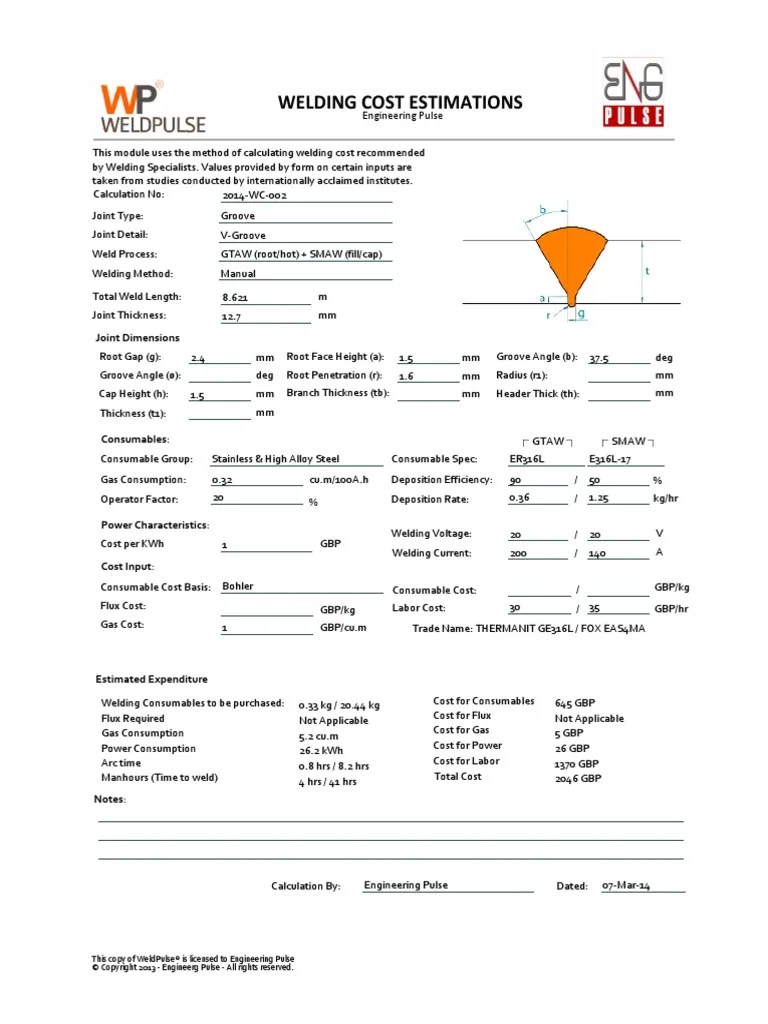 Welding Cost Estimation For 12 Joints in 8 NPS SCH 80 PDF Download