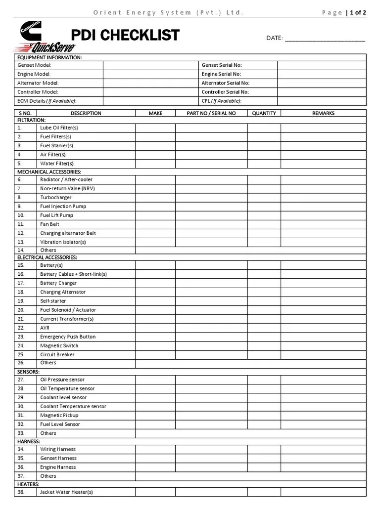 PDI Checklist Electrical Engineering Electric Power