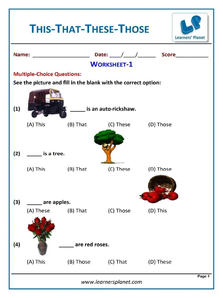 Grade 1 English This That These Those Worksheet