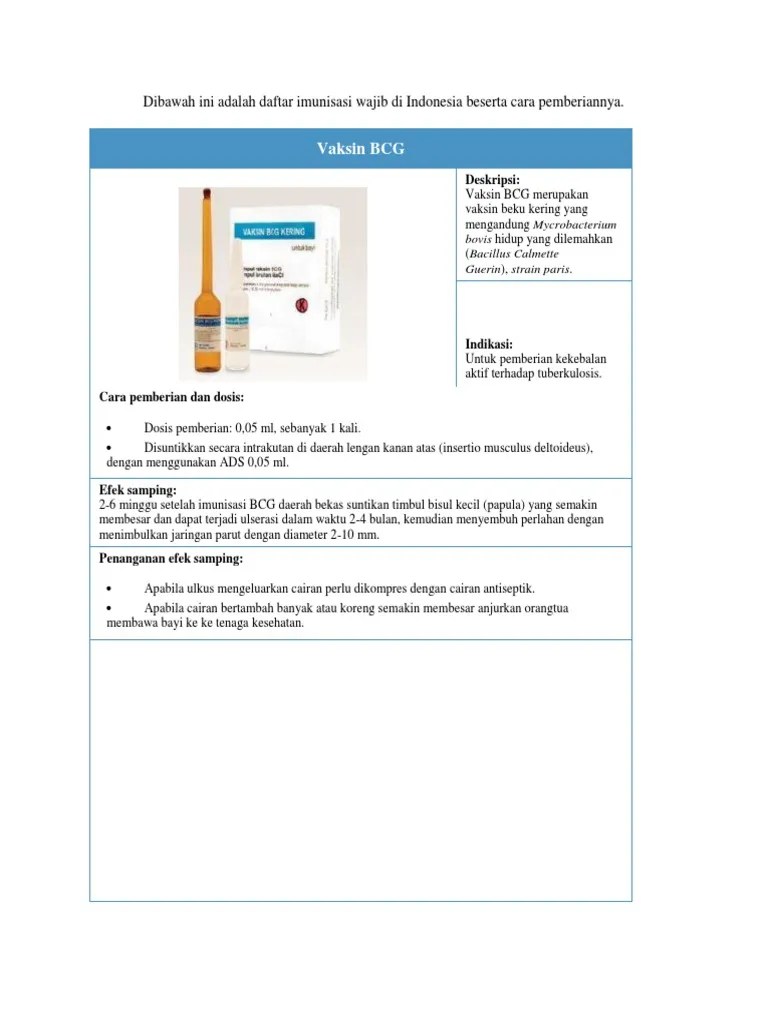 Vaksin BCG Dibawah ini adalah daftar imunisasi wajib di Indonesia