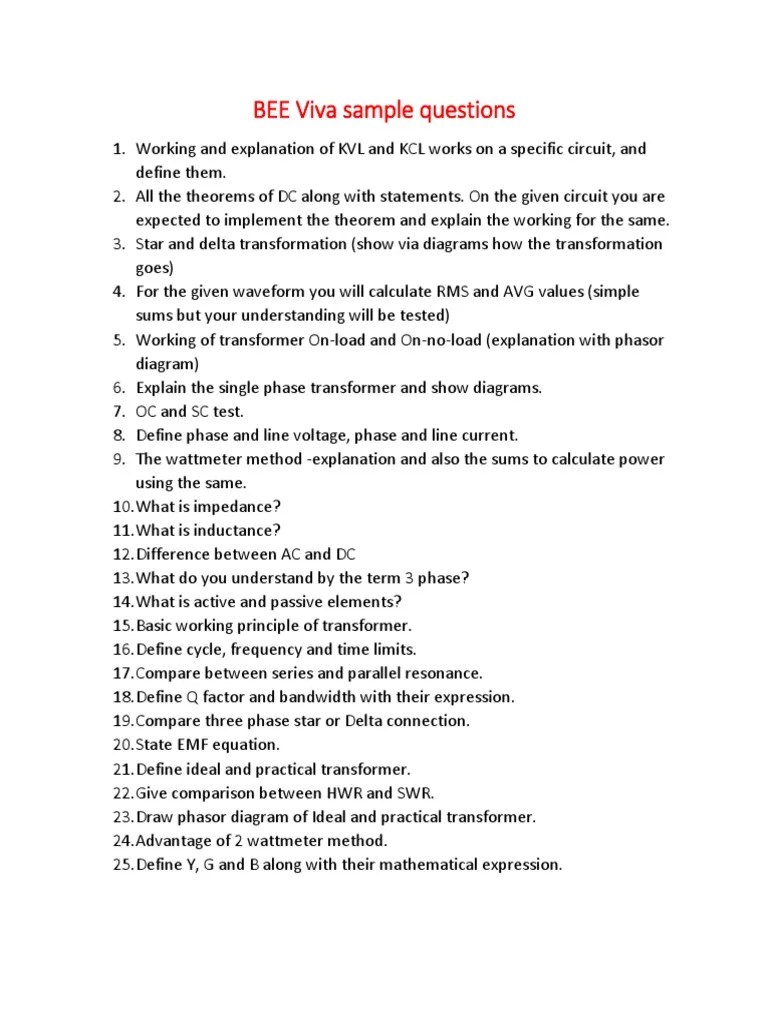 BEE Viva Sample Questions PDF