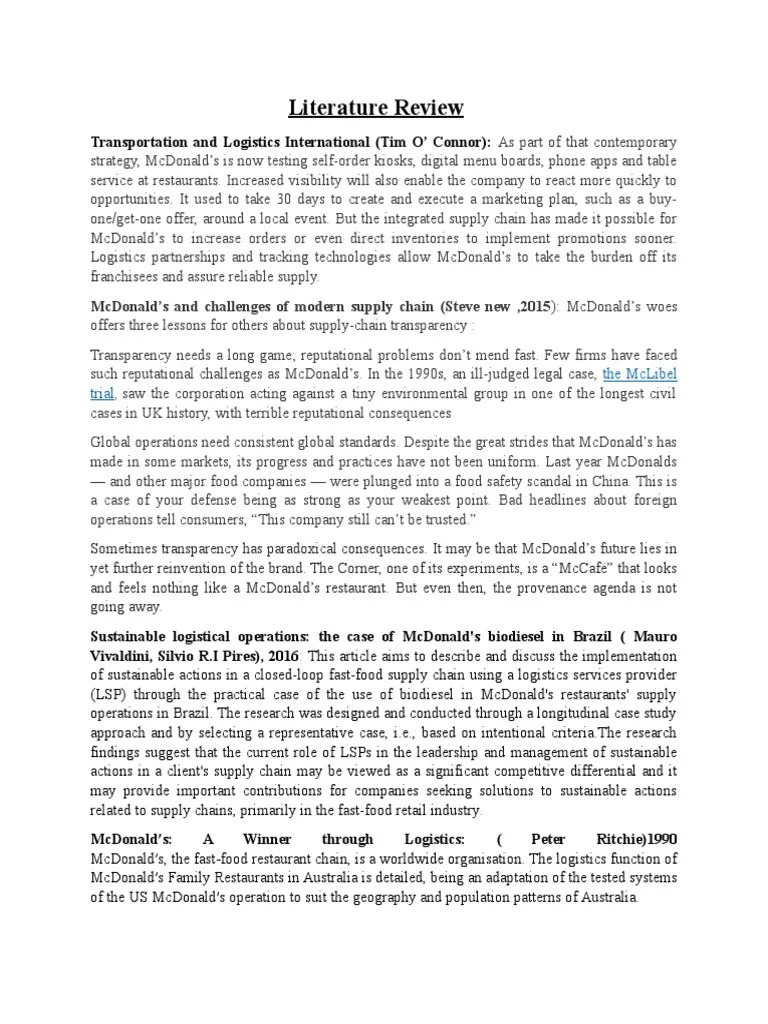 Literature Review of Mcdonalds Mc Donald's Supply Chain