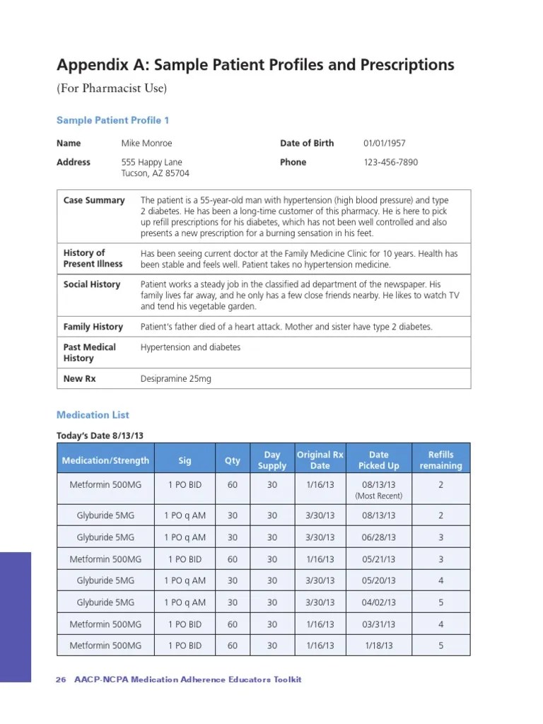 Appendix A Sample Patient Profiles and Prescriptions (For Pharmacist