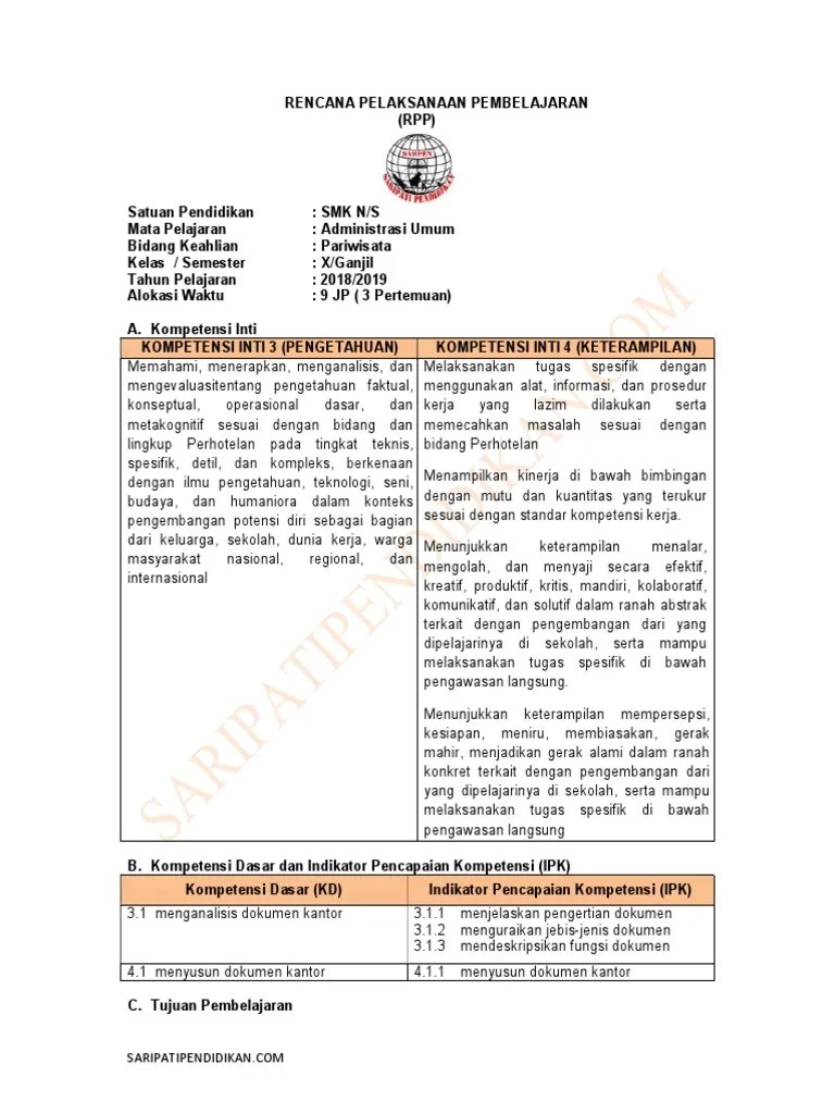RPP Administrasi Umum Perhotelan 10 Smk