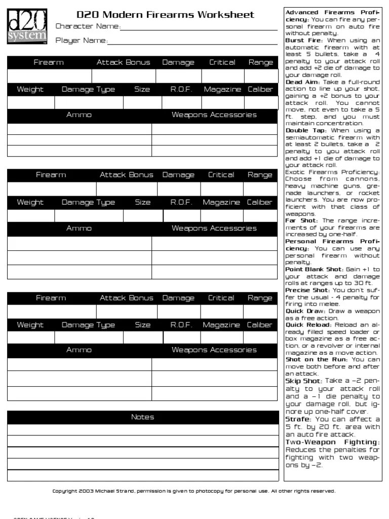 Firearms Worksheet PDF D20 System Copyright