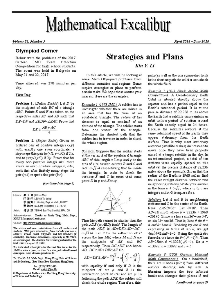 Alg Comb Mathematical Excalibur PDF Triangle Elementary Mathematics