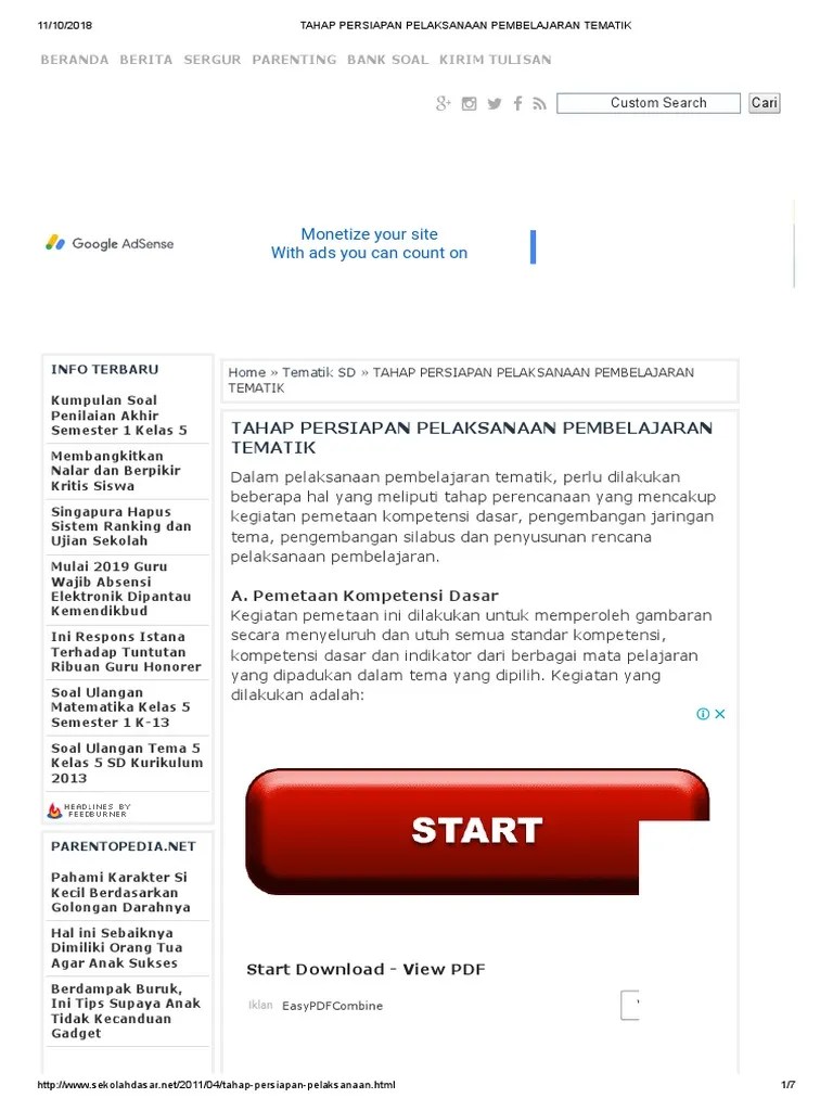 Tahap Persiapan Pelaksanaan Pembelajaran Tematik | PDF